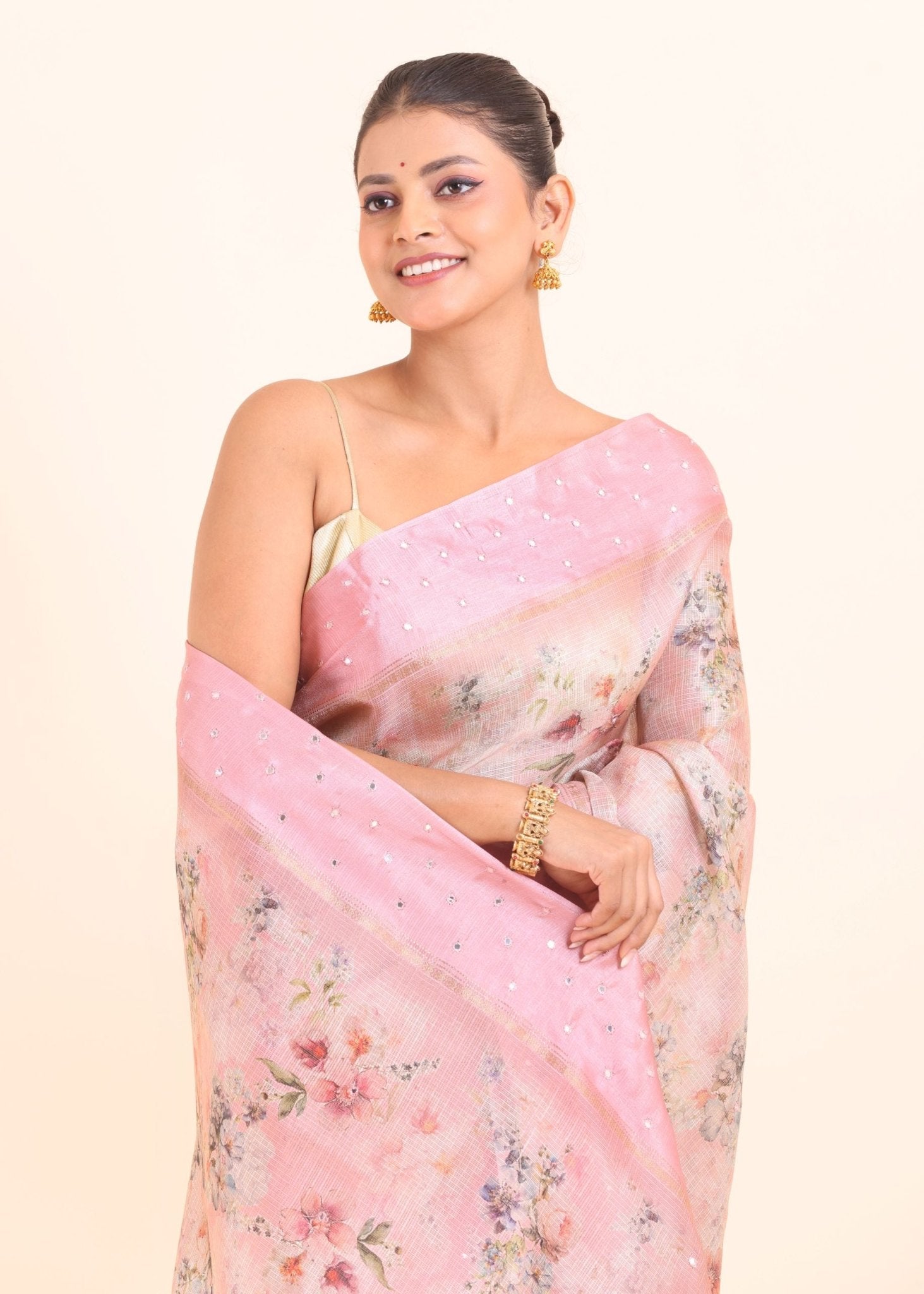 Pink Floral Printed Kota Silk Saree - Anvi Couture