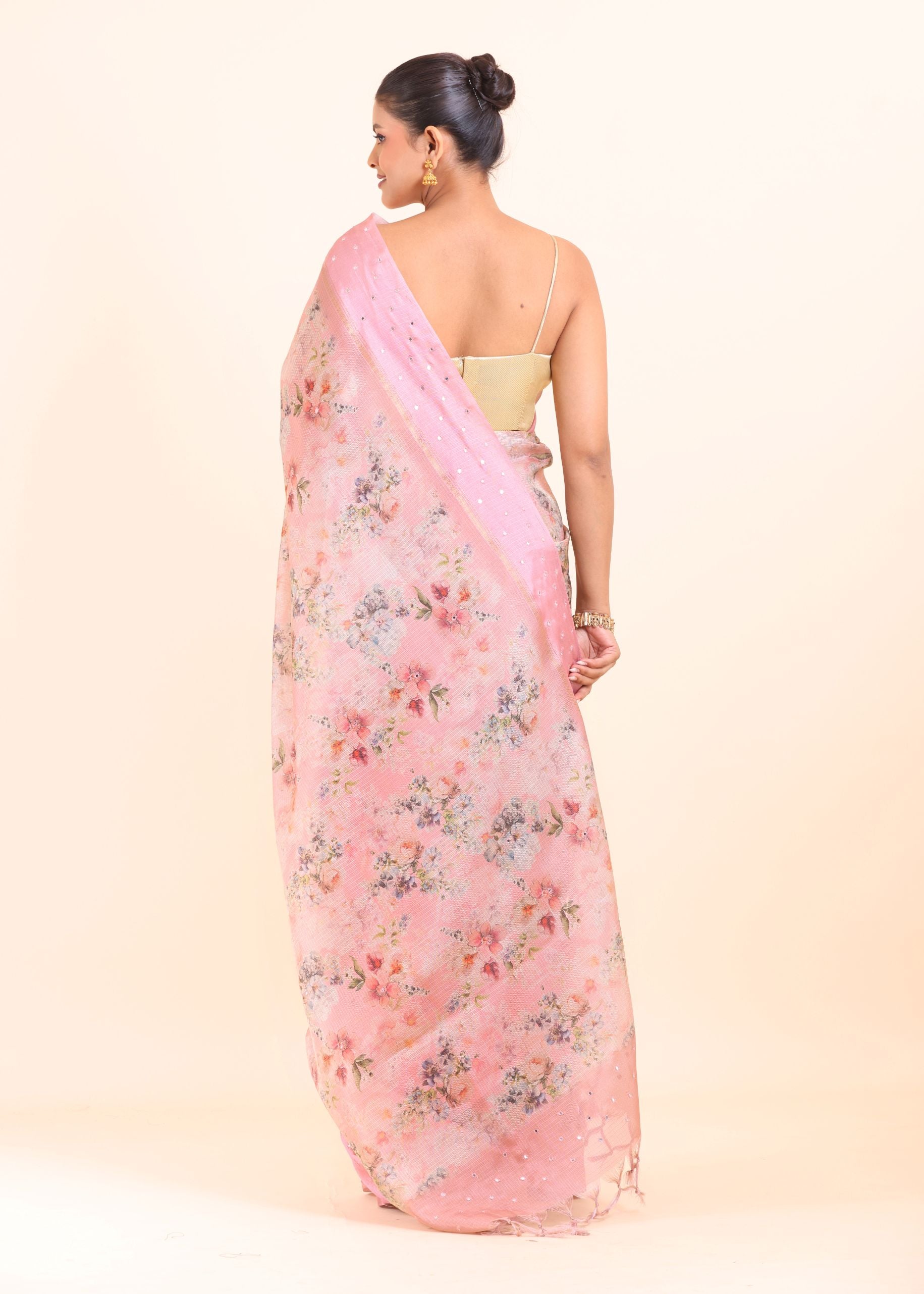 Pink Floral Printed Kota Silk Saree back