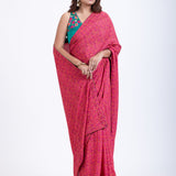  Pink Floral Printed Satin Silk Saree Set with Green Embroidered Sleeveless Blouse Full