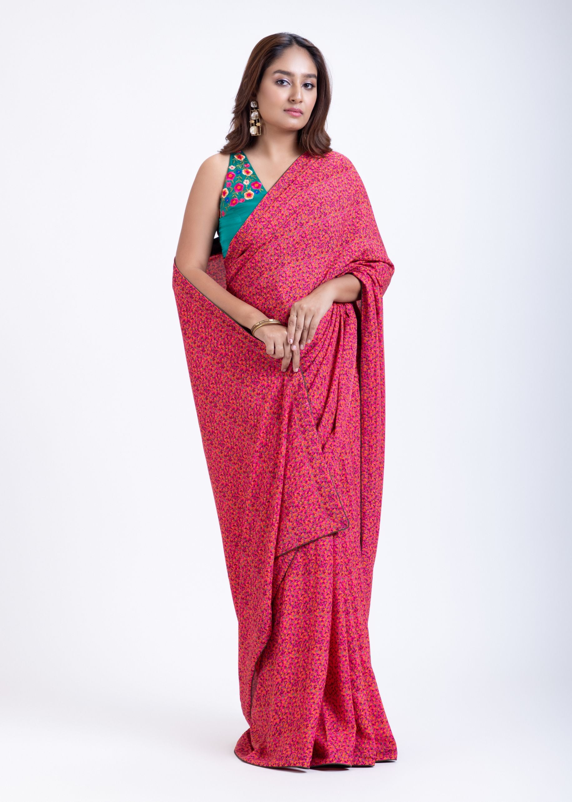  Pink Floral Printed Satin Silk Saree Set with Green Embroidered Sleeveless Blouse Full
