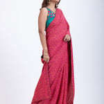 Pink Floral Printed Satin Silk Saree Set with Green Embroidered Sleeveless Blouse Front
