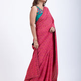 Pink Floral Printed Satin Silk Saree Set with Green Embroidered Sleeveless Blouse Front