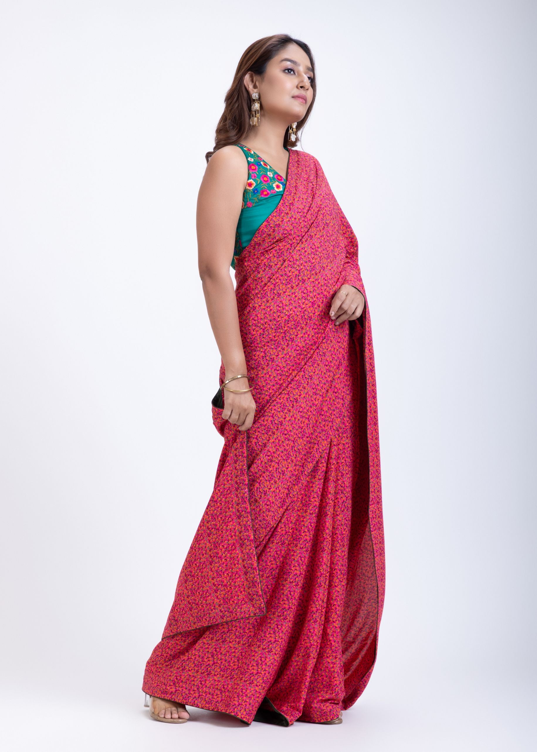 Pink Floral Printed Satin Silk Saree Set with Green Embroidered Sleeveless Blouse Front