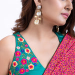 Pink Floral Printed Satin Silk Saree Set with Green Embroidered Sleeveless Blouse Close Up
