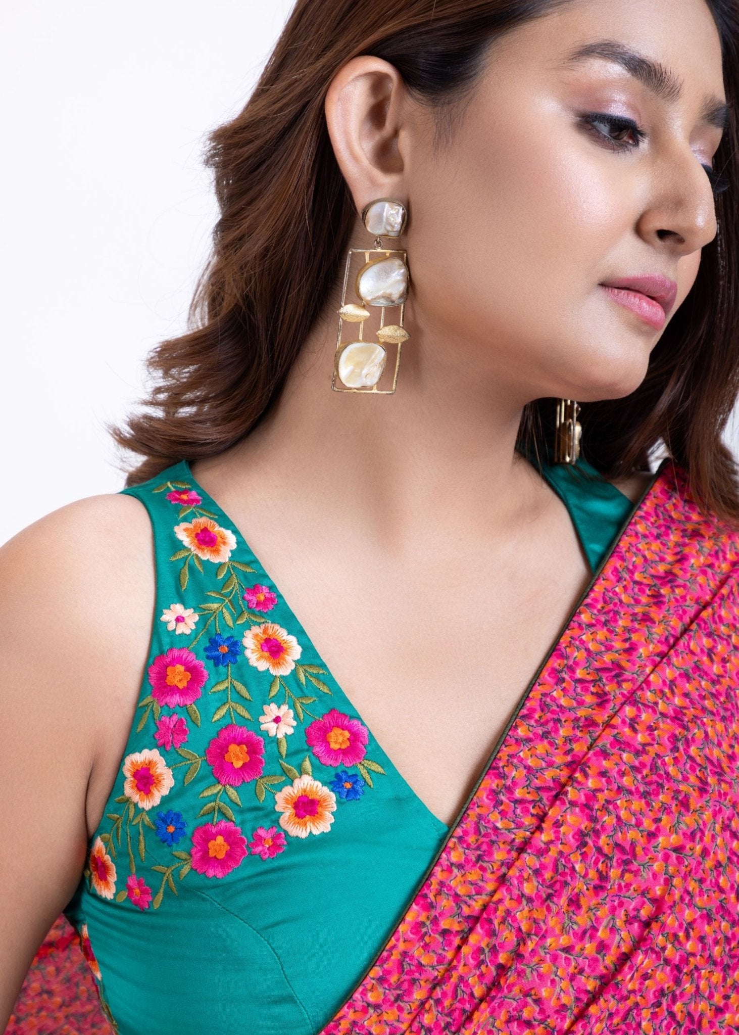 Pink Floral Printed Satin Silk Saree Set with Green Embroidered Sleeveless Blouse - Anvi Couture