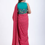 Pink Floral Printed Satin Silk Saree Set with Green Embroidered Sleeveless Blouse Back