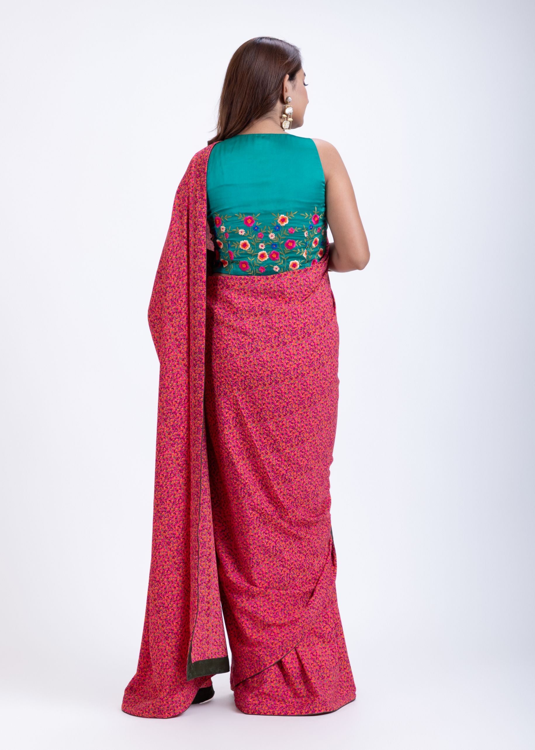 Pink Floral Printed Satin Silk Saree Set with Green Embroidered Sleeveless Blouse Back