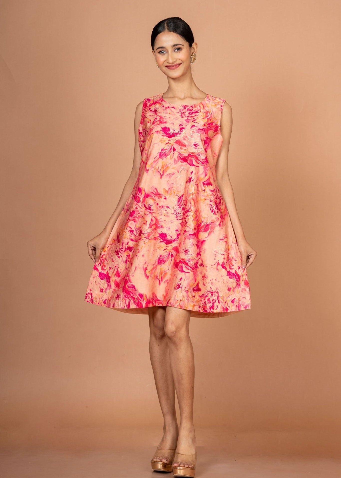 Pink Floral Sleeveless Mini Dresses - Anvi Couture