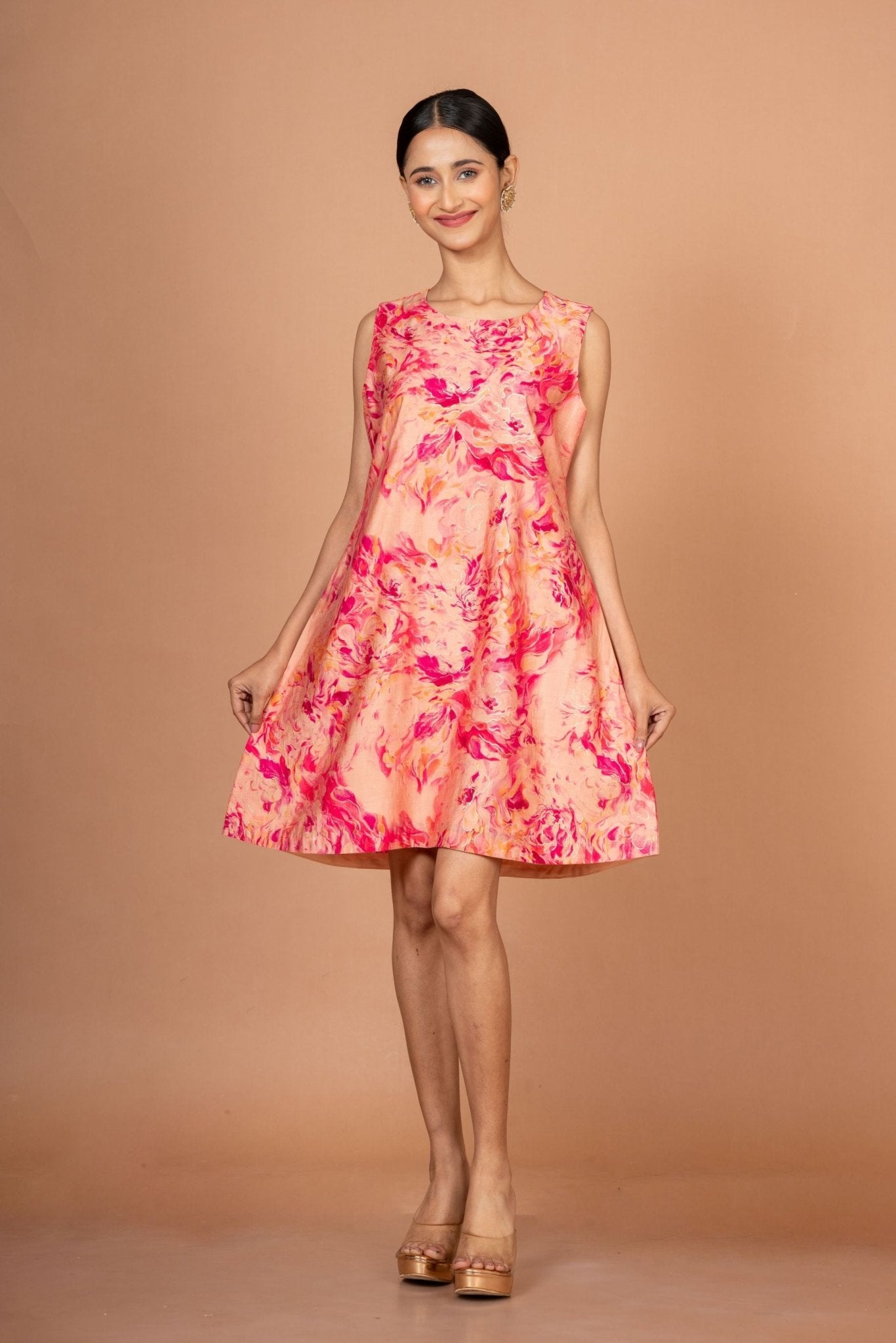 Pink Floral Sleeveless Mini Dresses - Anvi Couture