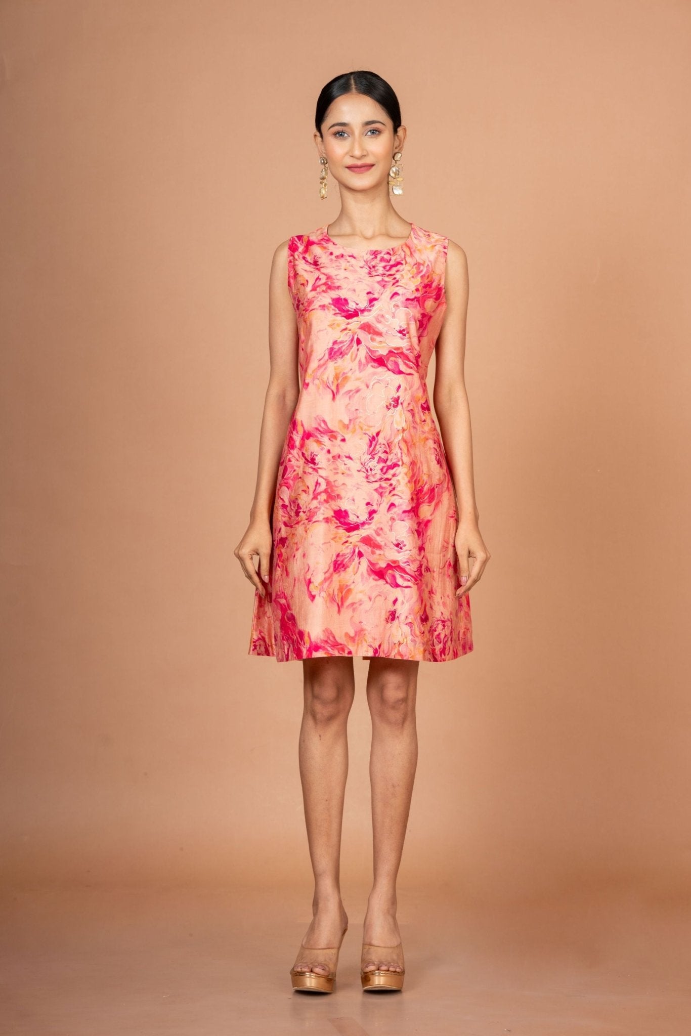 Pink Floral Sleeveless Mini Dresses - Anvi Couture