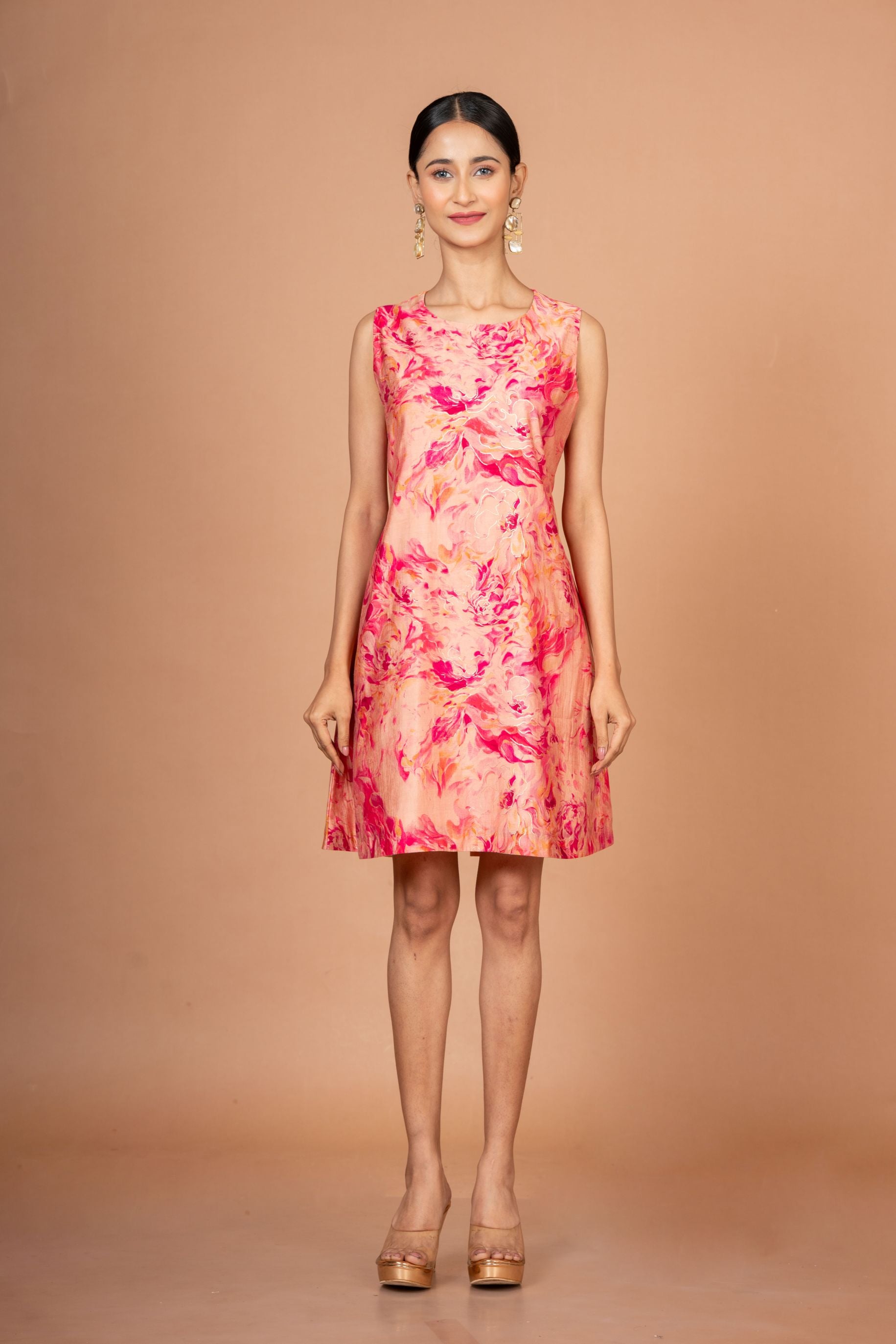 Pink Floral Sleeveless Mini Dresses Front

