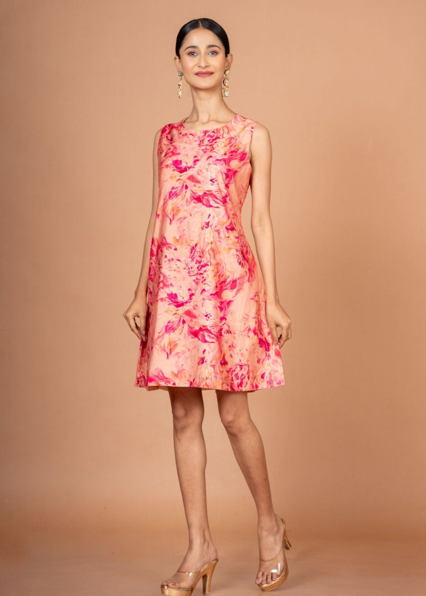 Pink Floral Sleeveless Mini Dresses - Anvi Couture