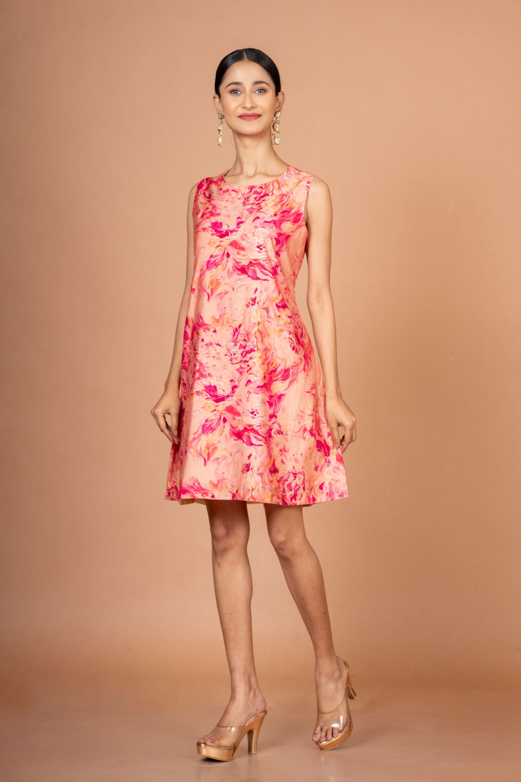 Pink Floral Sleeveless Mini Dresses Side

