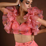 Pink Fusion Lehenga with Ruffle Sleeve Choli — sleeve detail close-up