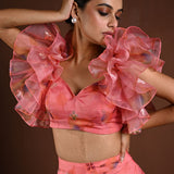 Pink Fusion Lehenga with Ruffle Sleeve Choli — sleeve detail close-up