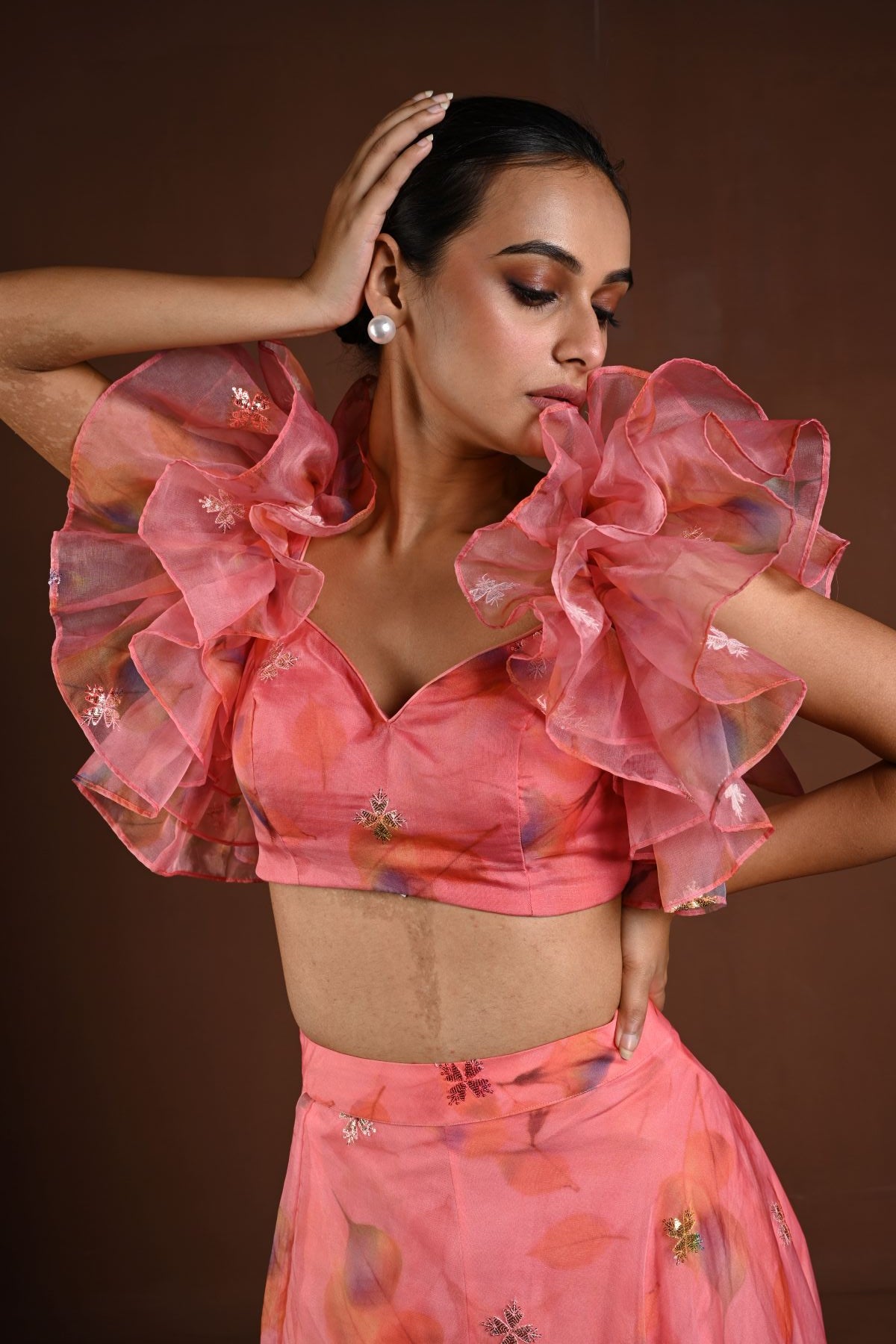 Pink Fusion Lehenga with Ruffle Sleeve Choli — sleeve detail close-up