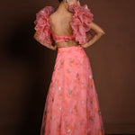 Pink Fusion Lehenga with Ruffle Sleeve Choli — back view - Anvi Couture