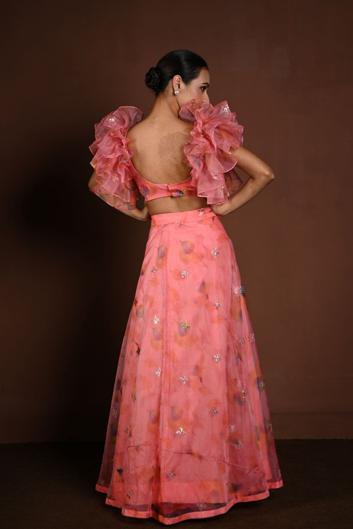 Pink Fusion Lehenga with Ruffle Sleeve Choli — back view - Anvi Couture