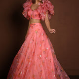 Pink Fusion Lehenga with Ruffle Sleeve Choli — front view