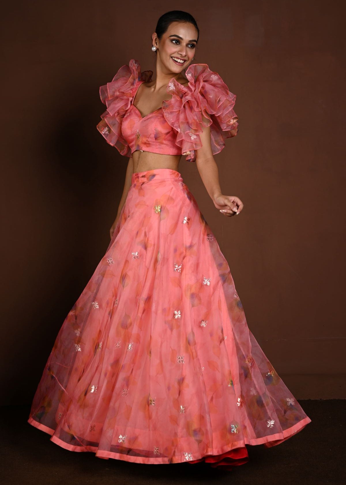 Pink Fusion Lehenga with Ruffle Sleeve Choli