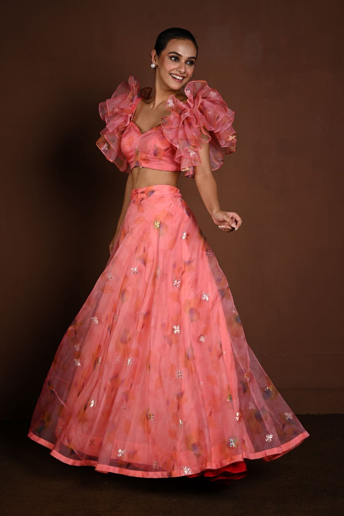 Pink Fusion Lehenga with Ruffle Sleeve Choli — front view