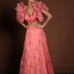 Pink Fusion Lehenga with Ruffle Sleeve Choli — side view