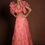 Pink Fusion Lehenga with Ruffle Sleeve Choli — side view