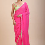 Pink Georgette Saree With Green Floral Embroideredy - Anvi Couture