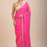 Pink Georgette Saree With Green Floral Embroideredy - Anvi Couture