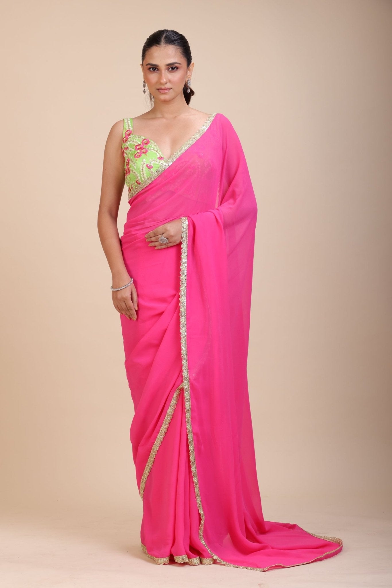 Pink Georgette Saree With Green Floral Embroideredy - Anvi Couture