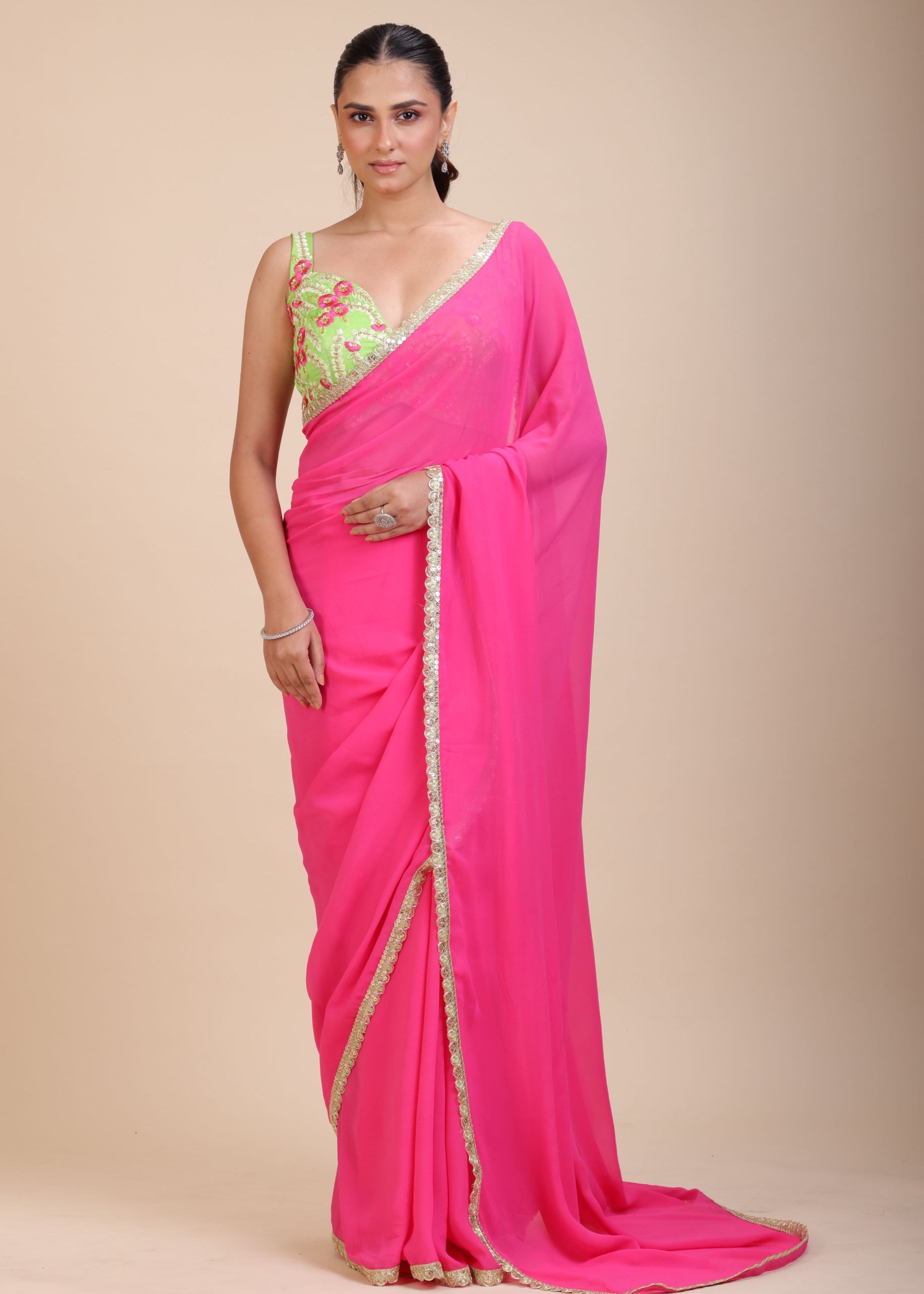 Pink Georgette Saree With Green Floral Embroidered Blouse Full
