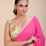 Pink Georgette Saree With Green Floral Embroideredy - Anvi Couture