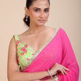 Pink Georgette Saree With Green Floral Embroideredy - Anvi Couture