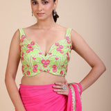 Pink Georgette Saree With Green Floral Embroideredy - Anvi Couture