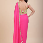 Pink Georgette Saree With Green Floral Embroideredy - Anvi Couture