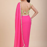 Pink Georgette Saree With Green Floral Embroideredy - Anvi Couture