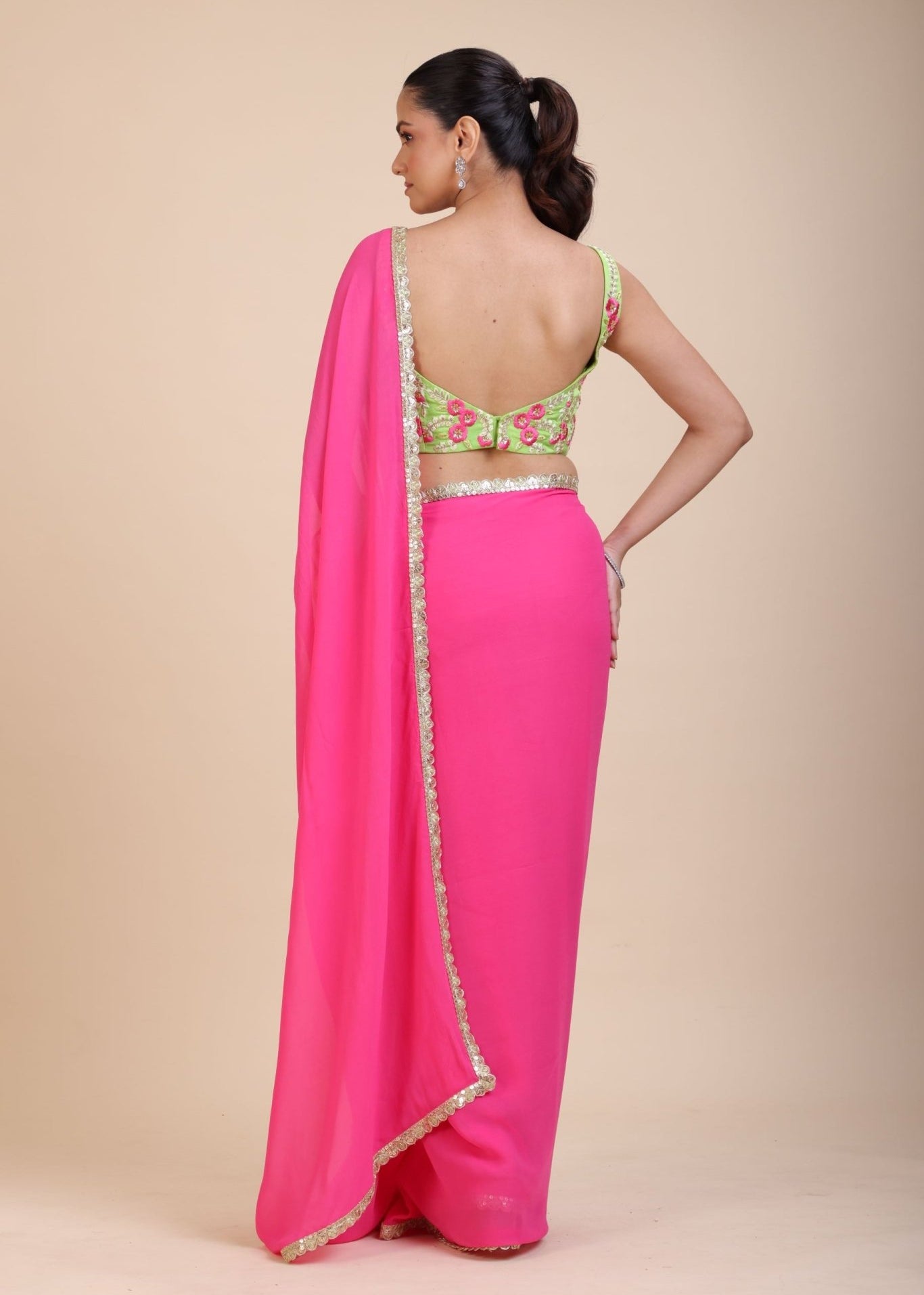 Pink Georgette Saree With Green Floral Embroideredy - Anvi Couture