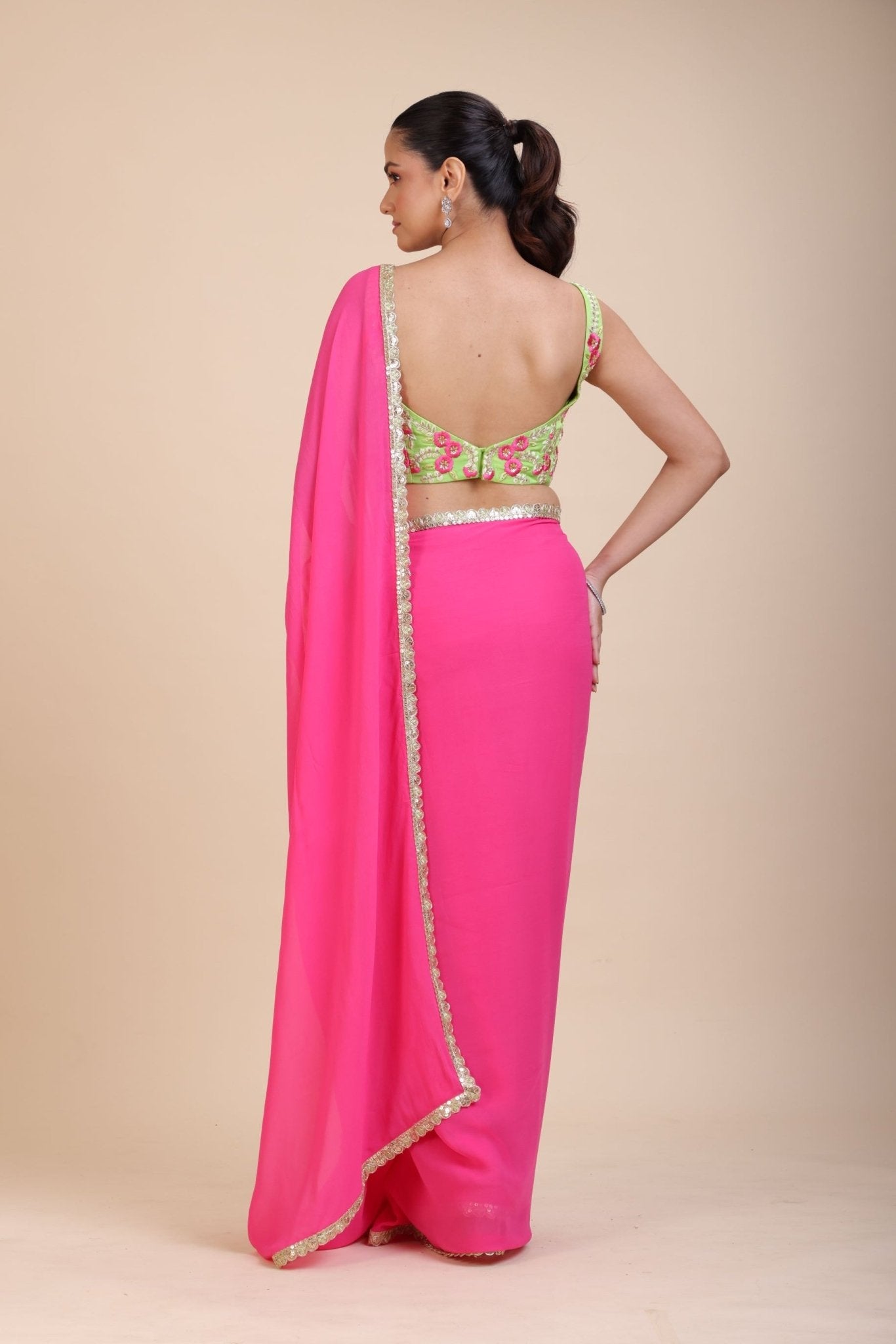 Pink Georgette Saree With Green Floral Embroideredy - Anvi Couture