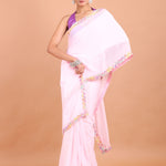 Pink Georgette Saree With Multicolor Embroidered Border full