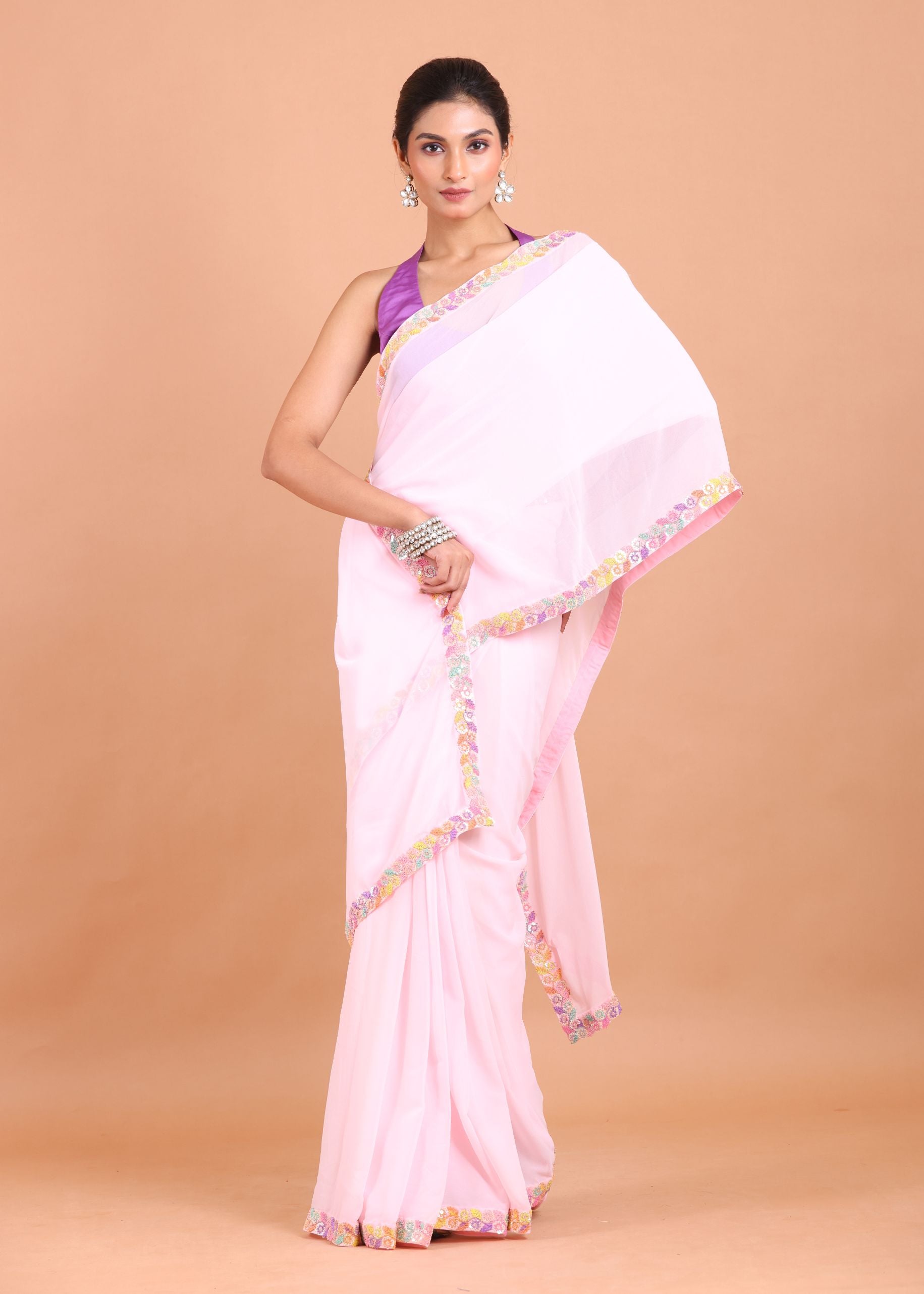 Pink Georgette Saree With Multicolor Embroidered Border full