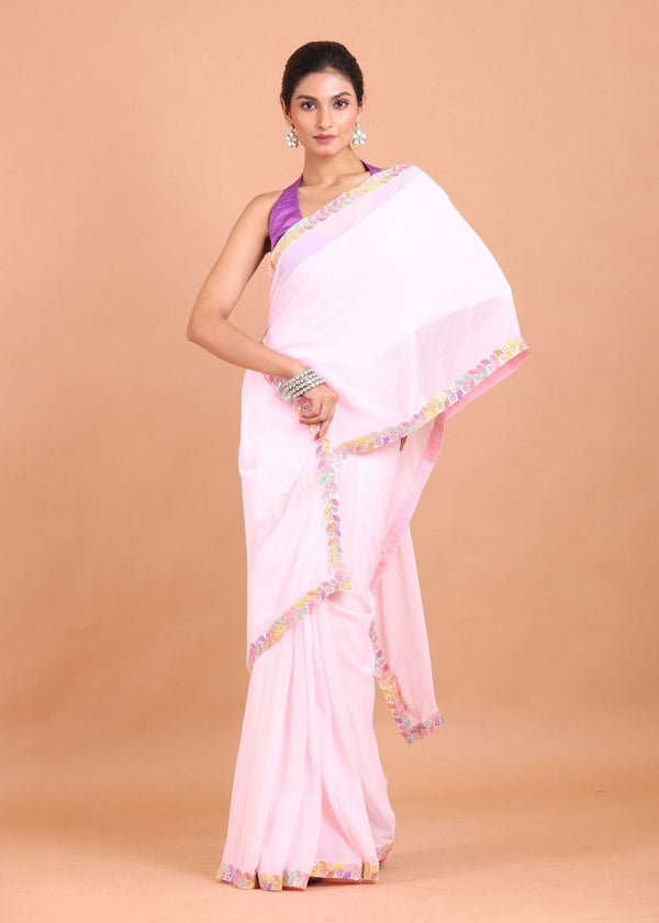Pink Georgette Saree With Multicolor Embroidered Border - Anvi Couture