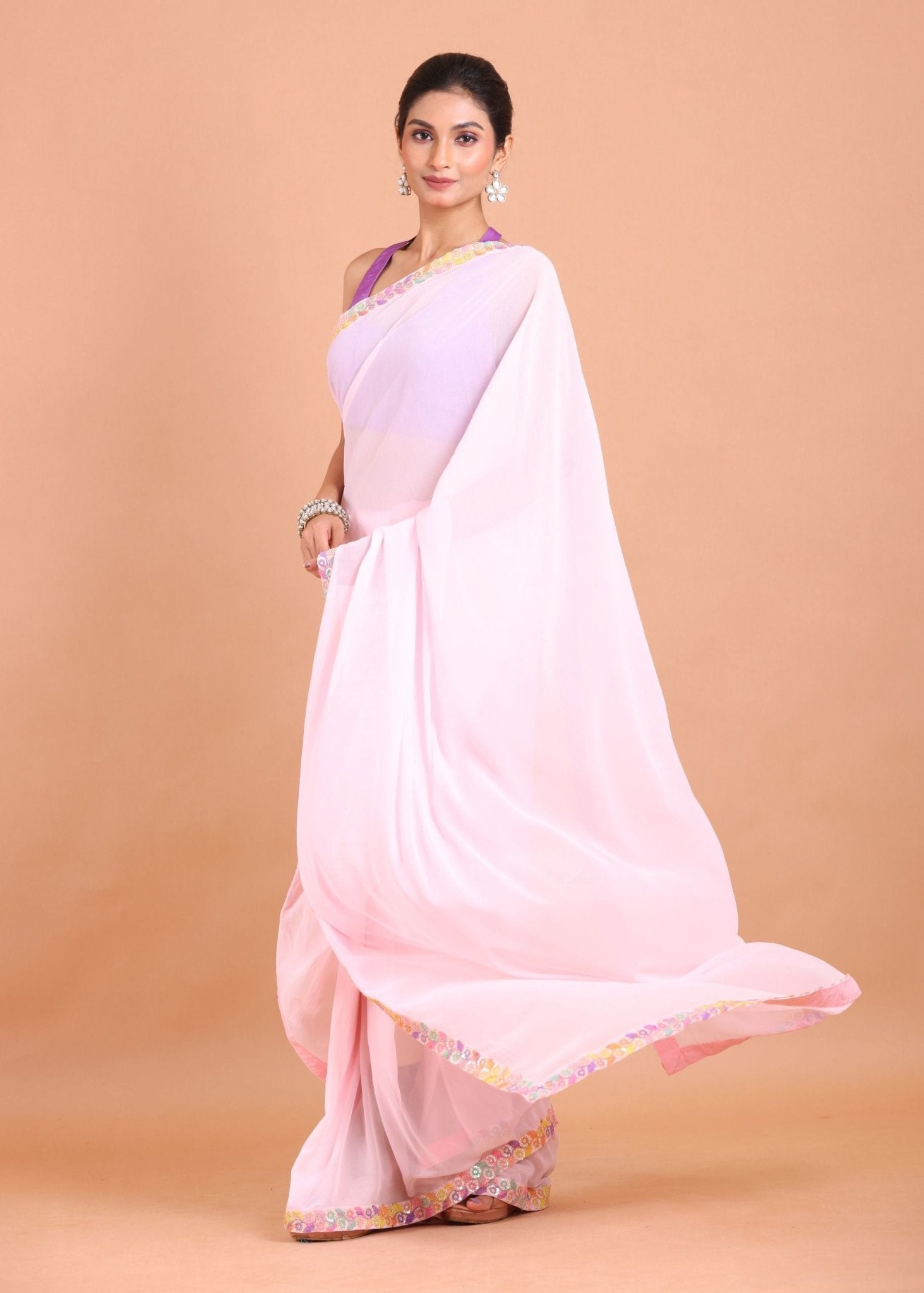 Pink Georgette Saree With Multicolor Embroidered Border - Anvi Couture