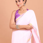 Pink Georgette Saree With Multicolor Embroidered Border close up