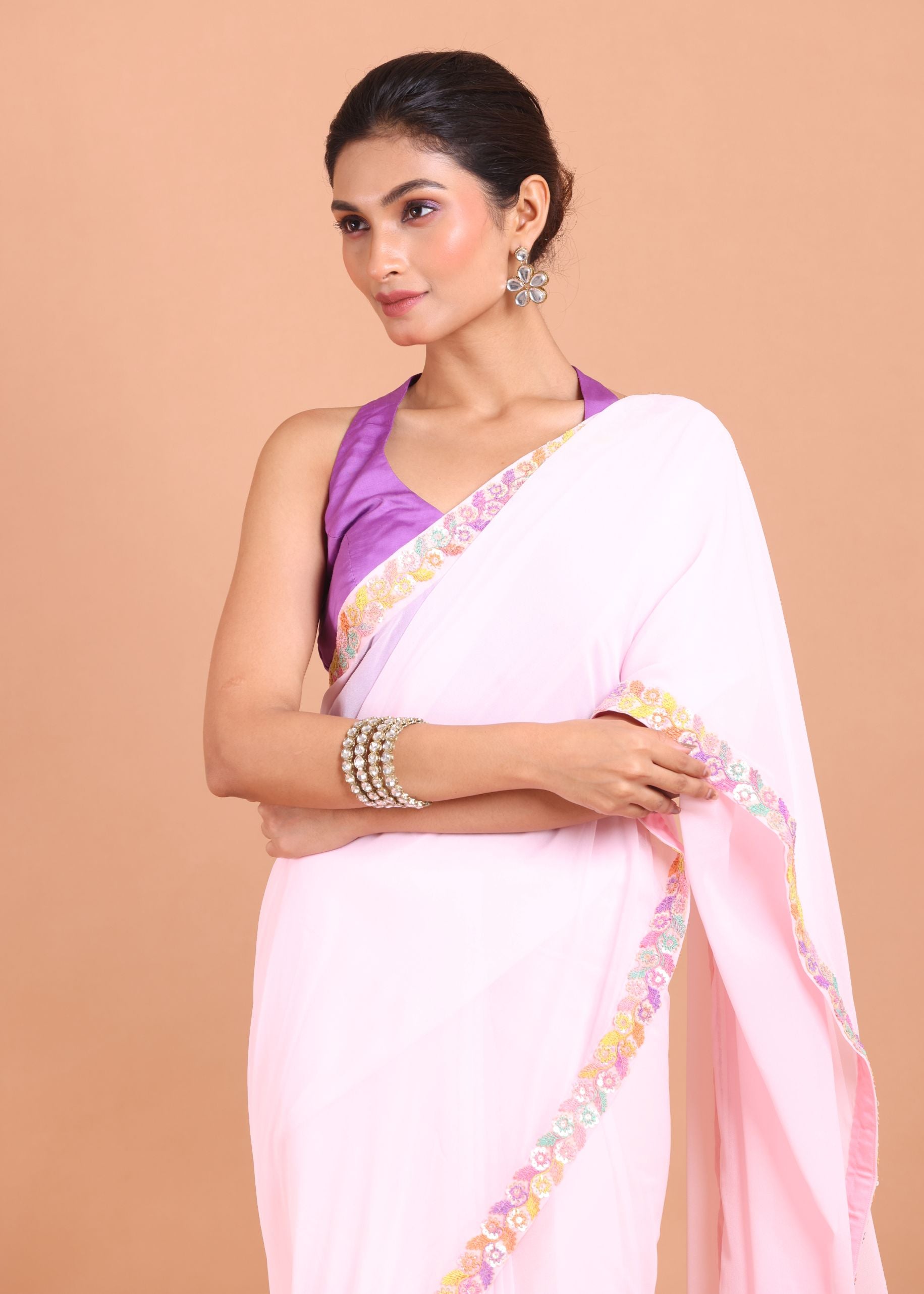 Pink Georgette Saree With Multicolor Embroidered Border close up