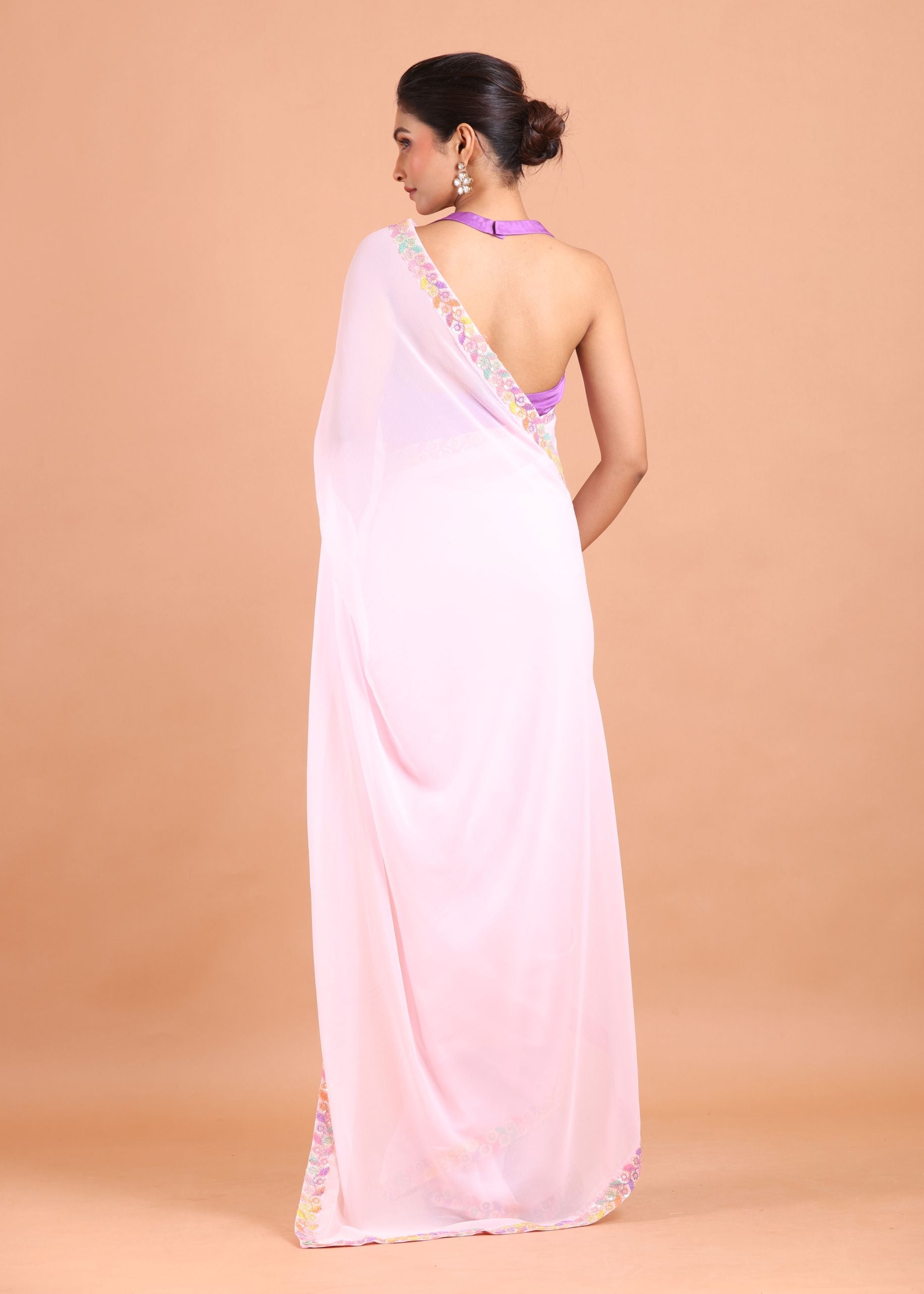 Pink Georgette Saree With Multicolor Embroidered Border back
