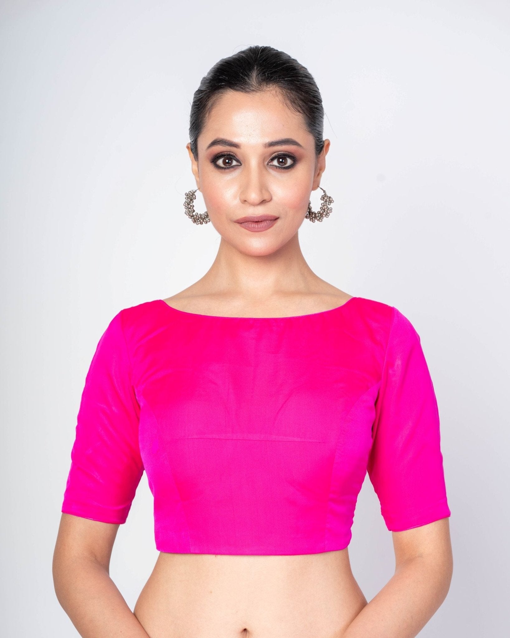 Pink Half Sleeves Boat Neck Blouse With Deep V - Back Clouser - Anvi Couture