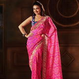 Pink Hand Embroidered Bandhani Georgette Saree Full

