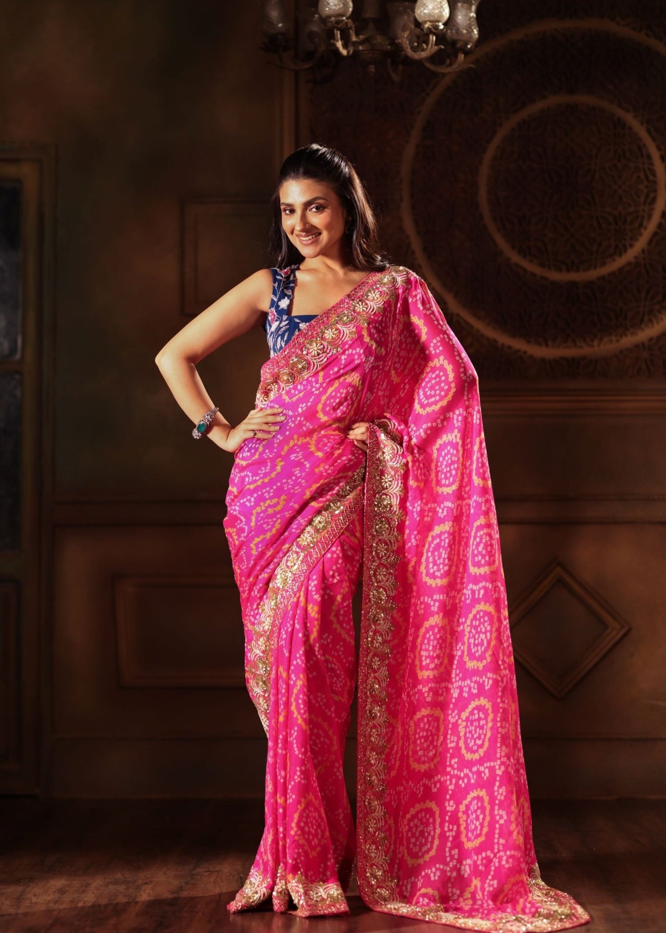 Pink Hand Embroidered Bandhani Georgette Saree - Anvi Couture