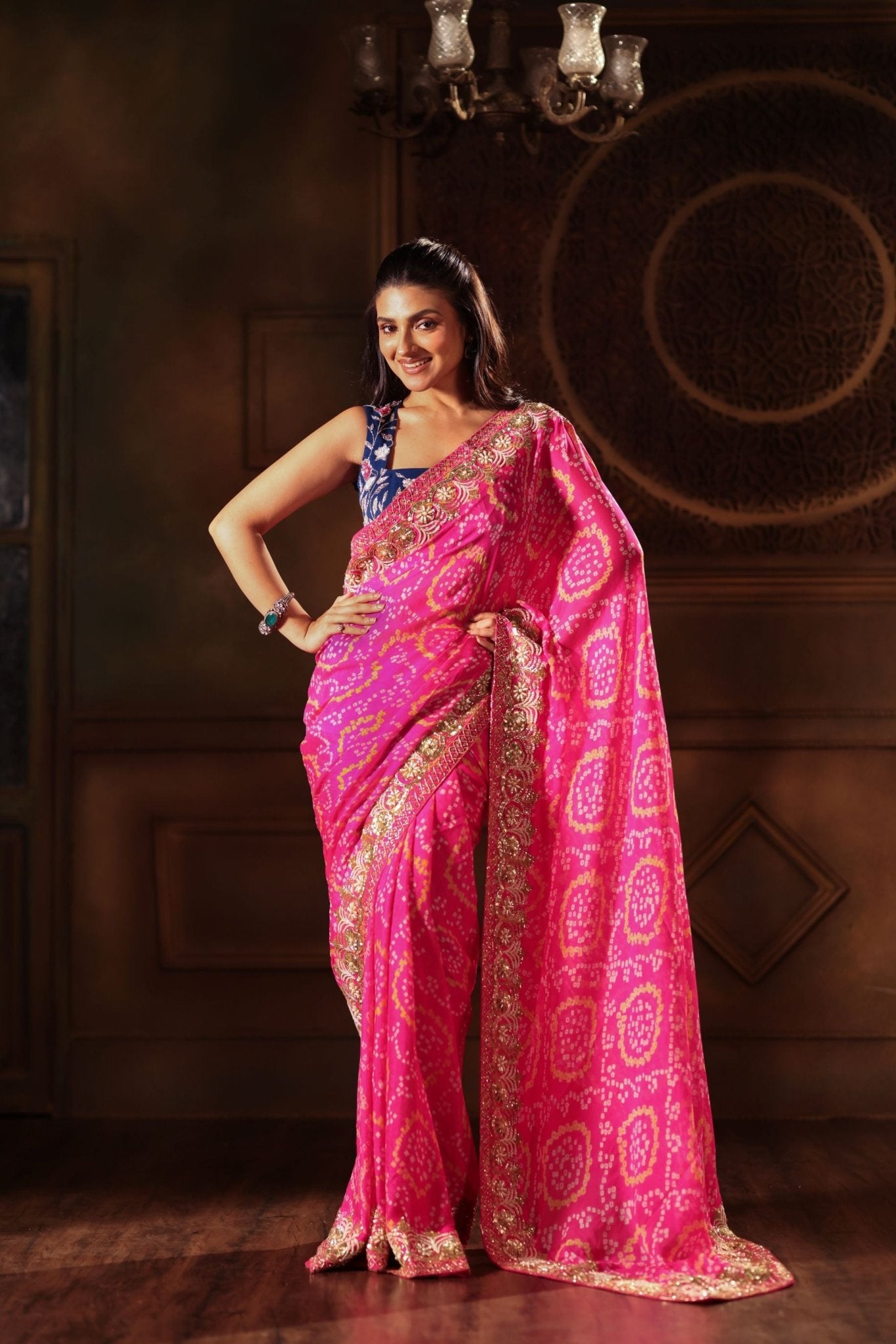 Pink Hand Embroidered Bandhani Georgette Saree - Anvi Couture