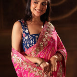 Pink Hand Embroidered Bandhani Georgette Saree Front

